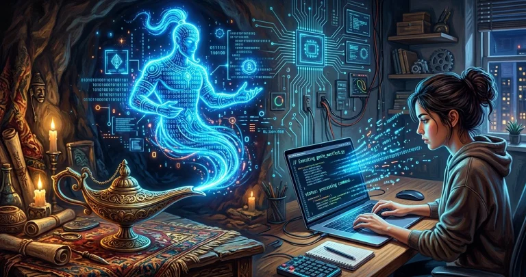 Digital genie coming out of magic lamp representing AI prompt